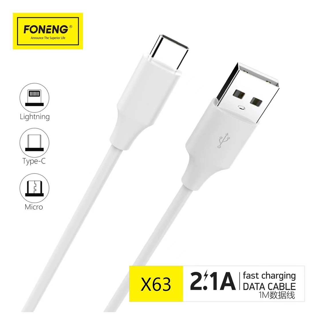 Foneng X63 Data cable Type C Fast Charging 2.1A 1m ΛΕΥΚΟ | cooee.gr